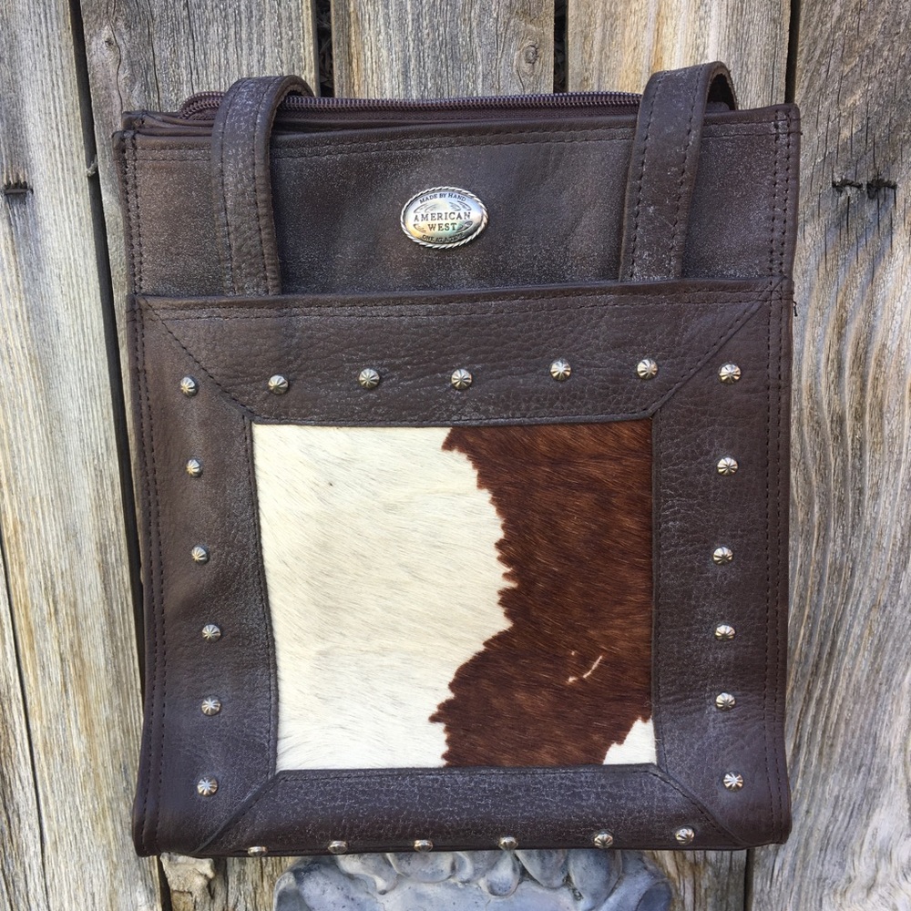 NWT American West Vintage Y2K Cow Print Pony Hair Leather Small Tote Bag Brown
